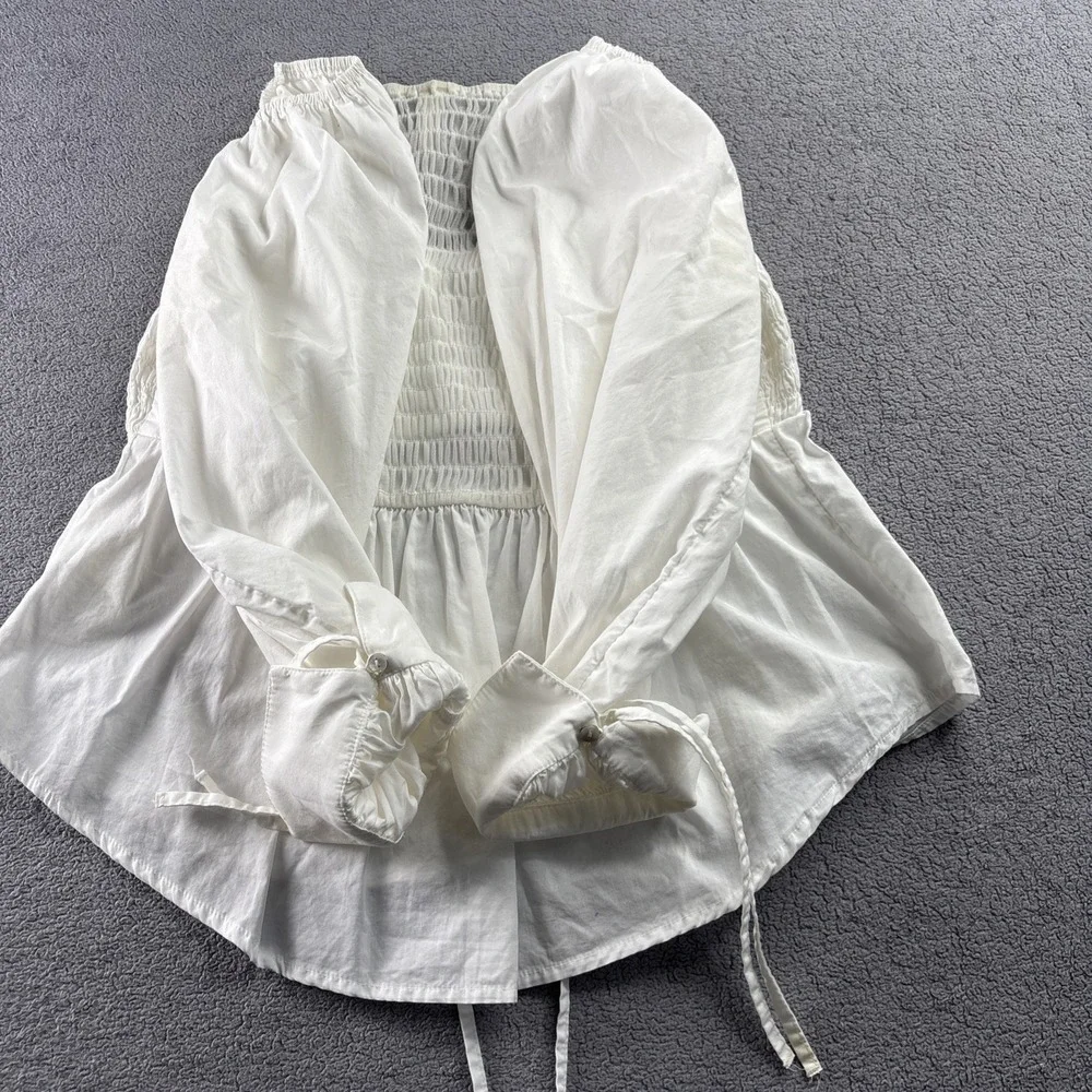 Anthropologie White Smocked Peasant Blouse XS Puff Sleeve‎ Boho Cottagecore